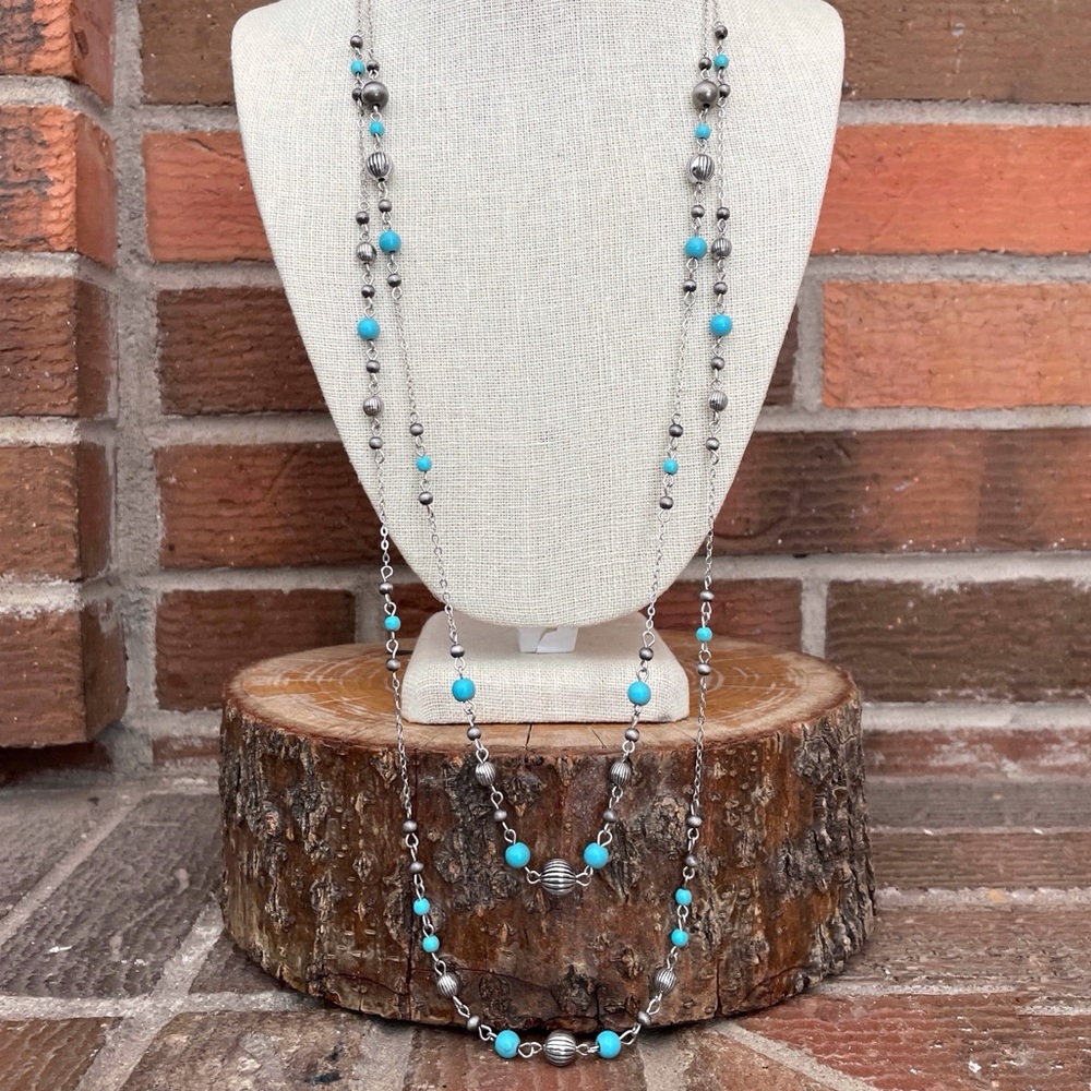 Layered Navajo Style Pearl & Turquoise Spaced Bead Necklaces